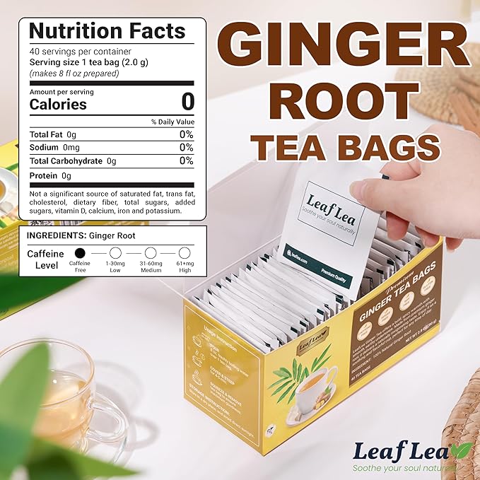 LeafLea 100% Pure Ginger Root Tea Bags – Spicy &amp Warming Herbal Tea Supports Digestion &amp Immune Health Individually Wrapped Non-GMO Caffeine Free Sugar Free No Gluten