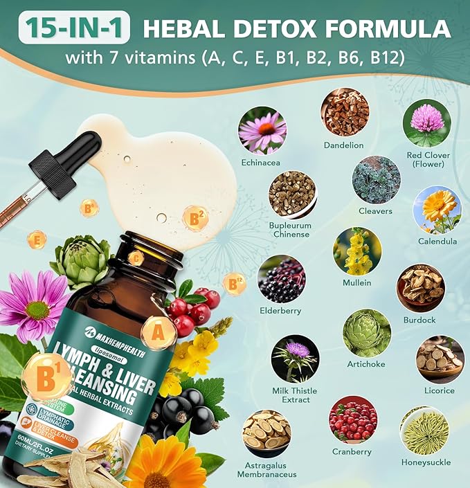Liposomal Lymphatic Drainage Drops: 23 in 1 Lymphatic Drainage Supplements Rich in Echinacea ArtichokeBurdock RootElderberry for Lymphatic Lungs Liver Cleanse Detox &amp Repair 2 fl oz