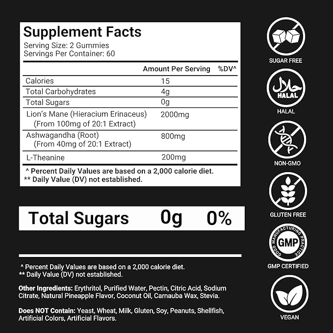 Lions Mane Gummies Sugar Free – 120 Gummies for Clarity &amp Brain Nutrition Support - Lion's Mane Mushroom 3000mg with Ashwagandha &amp L-Theanine – Brain &amp Mood Supplement – Focus Memory Cal