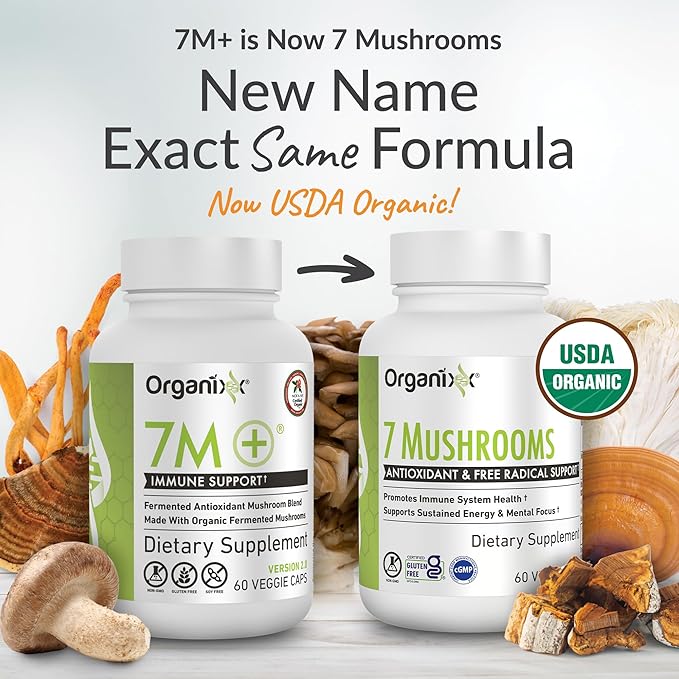 Organixx USDA Organic Mushroom Supplement 7 Fermented Mushrooms – Lions Mane Shiitake Cordyceps Turkey Tail Reishi – for Immune &amp Digestion Support 60 Vegetarian Capsules
