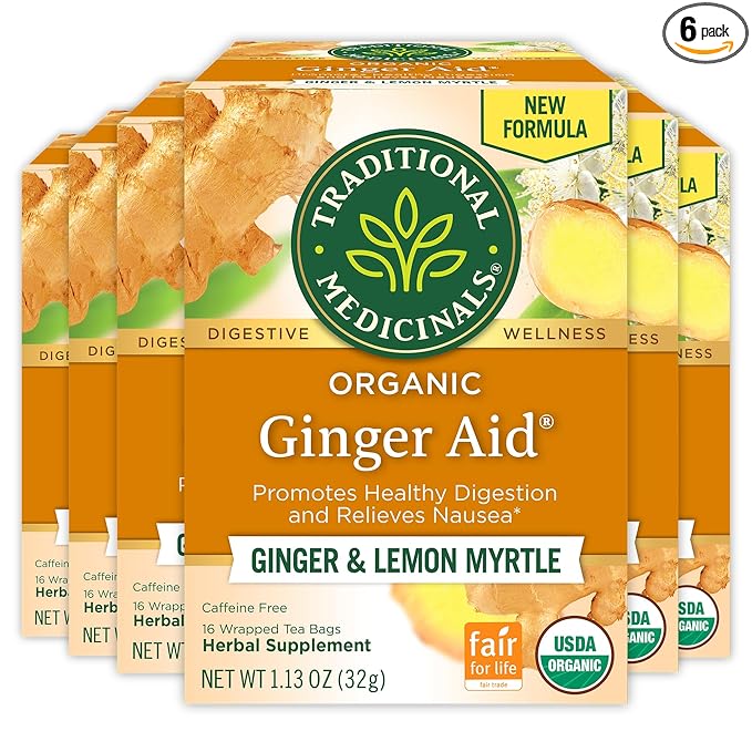 Traditional Medicinals Tea Organic Ginger Aid Promotes Healthy Digestion Kosher Non-GMO Caffeine-Free Compostable - 96 Tea Bags (6 Pack)