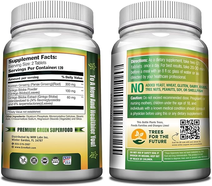 GreeNatr Ginko Biloba &amp Panax Ginseng Supplement - Red Ginseng Brain Supplement for Memory and Focus - Ginkgo Biloba Supplements for Good Vision Immune System and Improved Blood Flow - 12 Bottles