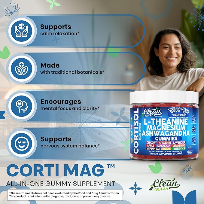 Clean Nutra Cortisol Supplement Gummies L-Theanine Magnesium Ashwagandha Apigenin Vitamin B6 Sleep and Calm Support Lavender Chicory Prebiotic Advanced Gummy Formula