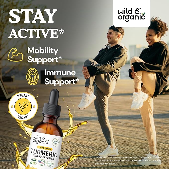 Wild &amp Organic Turmeric Supplement Liquid - Joint Support - Turmeric Curcumin with Black Pepper Extract - Curcumin Root Drops - Vegan Sugar &amp Alcohol-Free Tincture - 2 fl oz