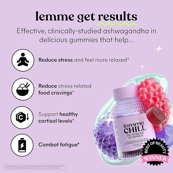 Lemme Chill Stress Relief Gummies with 300mg KSM-66 Ashwagandha Lemon Balm Passionflower &amp Goji to Support Relaxation Healthy Cortisol &amp Sleep - Gluten-Free Non-GMO Mixed Berry (60 Count)