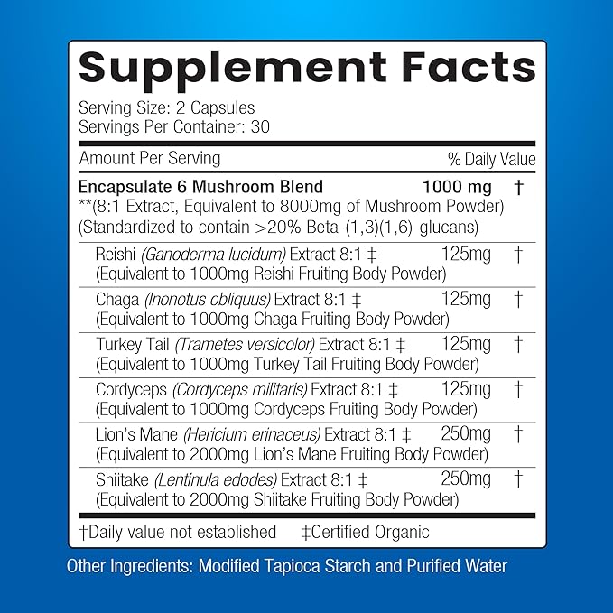 ENCAPSULATE 6 Mushroom Blend – Reishi Chaga Turkey Tail Cordyceps Lion’s Mane &amp Shiitake 8:1 Mushroom Extract – Nootropic &amp Adaptogen Mushroom Supplement for Gut Brain &amp Immune Suppor