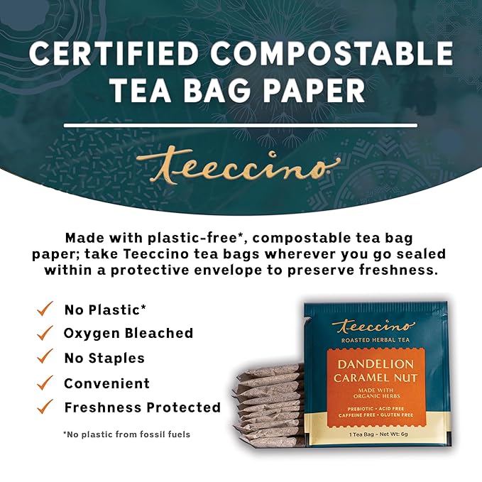 Teeccino Dandelion Caramel Nut Tea - Caffeine Free Roasted Herbal Tea with Prebiotics 3x More Herbs than Regular Tea Bags Gluten Free - 25 Tea Bags (Pack of 3)