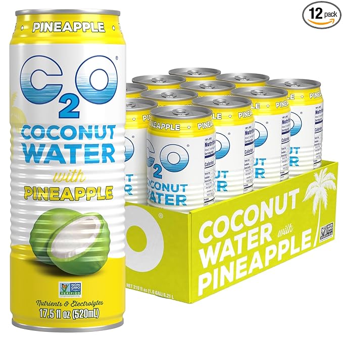 C2O - Coconut Water with Pineapple (12 Pack) - Made with Fresh Coconut Water - Plant Based - Non GMO - Canned Water - Natural Hydration Essential Electrolytes &amp Potassium - 12 Cans 17.5 FL OZ
