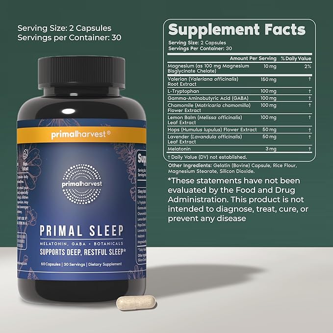 Primal Harvest 2 Pack Primal Sleep 120 Capsules with Valerian Root L-Tryptophan GABA Chamomile and Melatonin 3mg
