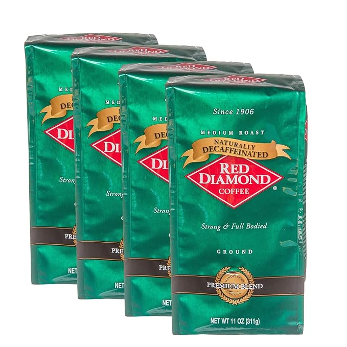 Red Diamond Ground Coffee Decaffeinated Medium Roast 100% Arabica Premium Beans Strong &amp Full-Bodied Flavor 11 Ounce Resealable Bags (4 Pack)