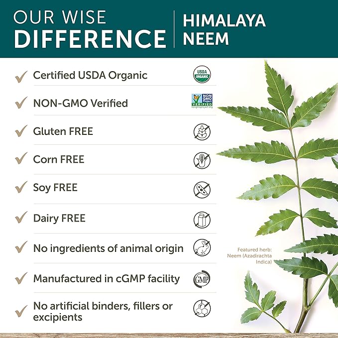 Himalaya Organic Neem 60 Day Supply - Herbal Acne Supplements Supporting Clear Skin and Detox - USDA Organic Vegan Non-GMO Gluten Free 600 mg 60 Caplets