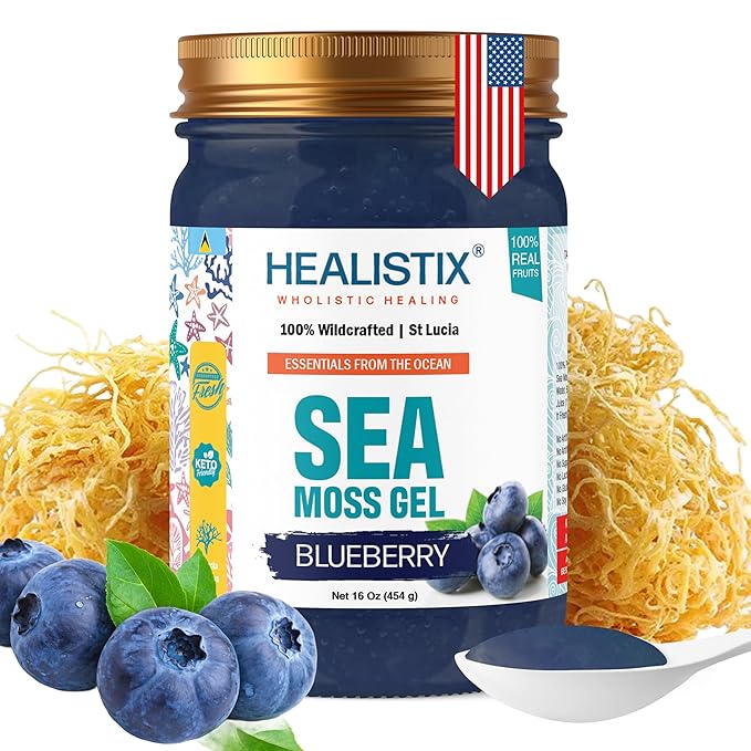 Healistix Blueberry Sea Moss Gel [16 Oz] - Exquisitely Crafted from Seamoss Wildcrafted in The Pristine Waters of St Lucia A Natural Delight - Sea Vegetable in Glass Jar