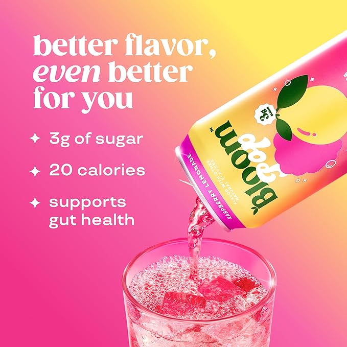 Bloom Pop Prebiotic Soda 12 Pack Raspberry Lemonade Flavor 12oz Cans | Prebiotic Soda for Gut Health Low Calorie Soda No Caffeine Healthy Soft Drink Alternative