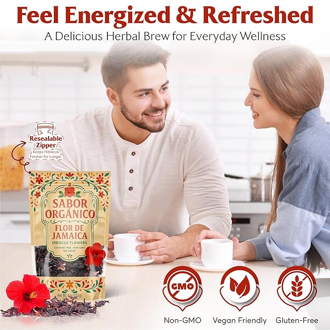 2LB Whole Dried Hibiscus Flowers (Flor de Jamaica) for Hibiscus Tea &amp Mexican Agua Fresca | Natural Non-GMO No Preservatives | Includes Resealable 1lb Stand-Up Pouches | Sabor Orgánico