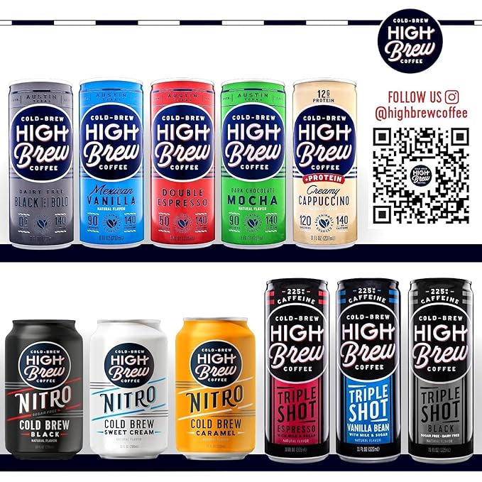High Brew Coffee | Nitro Cold Brew Variety Pack | Sugar-Free Dairy-Free 200mg Natural Caffeine | Smooth Low-Acid Coffee Infused with Nitrogen Ready-to-Drink | Caramel Black &amp Sweet Cream Flavo