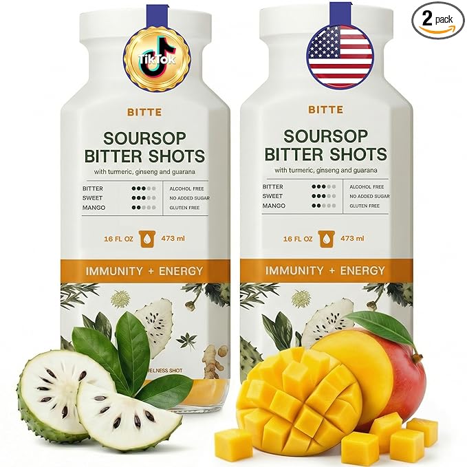 BITTE Immune + Energy Soursop Shots – 2 Pack Ready to Drink Mango Soursop with Zinc Ginseng Guarana &amp Turmeric – Clean Formula No Sugar Vegan Gluten-Free Non-GMO – 32 fl oz Total