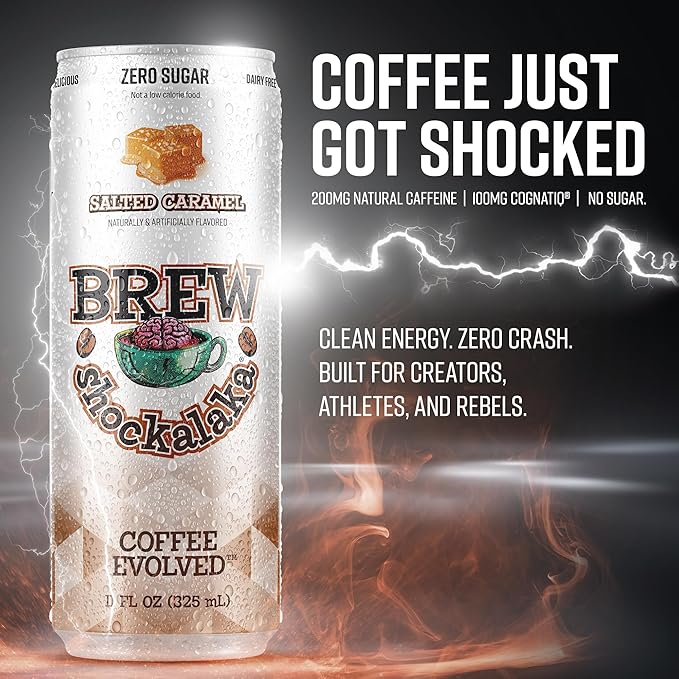 Brew Shockalaka Cafe Mocha Coffee RTD 12-Pack - Nootropic Enhanced Zero Sugar Natural Caffeine + CognatiQ Coffee Evolved (11 FL OZ) (Salted Caramel)
