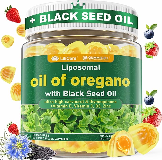 Oil of Oregano with Black Seed Oil Filled Gummies - 2 Months Supply - Aceite De Oregano Capsulas Alternative Carvacrol &amp Thymoquinone with VE VC D3 Zinc Liposomal Form Sugar Free Berry Flav
