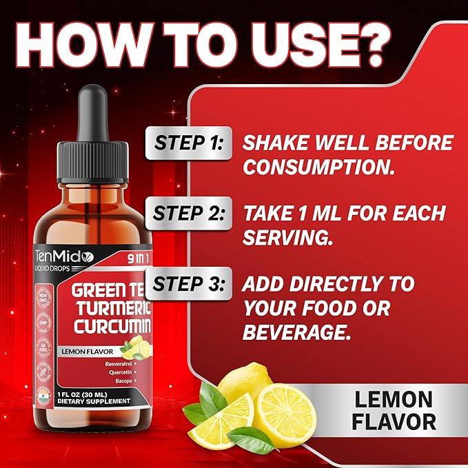 Green Tea Extract Liquid Drops - 9in1 with Turmeric Curcumin Resveratrol Quercetin Bacopa Panax Ginseng L-Theanine Pomegranate and Black Pepper - 30ml 1 Fl Oz