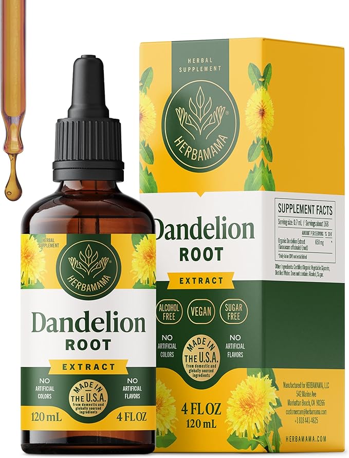 HERBAMAMA Dandelion Drops - Vegan Liver Cleanse with Dandelion Root Extract - Non-GMO Alcohol &amp Sugar-Free Liquid Liver Support Supplement - 56-Day Supply