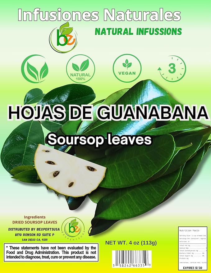 Guanábana Hoja Seca Té (Soursop) Combo – Dried Leaves Tea (4 oz Bag) + Capsules (90 Capsules 1100 mg per Serving Organically Grown) – 100% Natural Vegan Powerful Antioxidants–by Bexpertsusa
