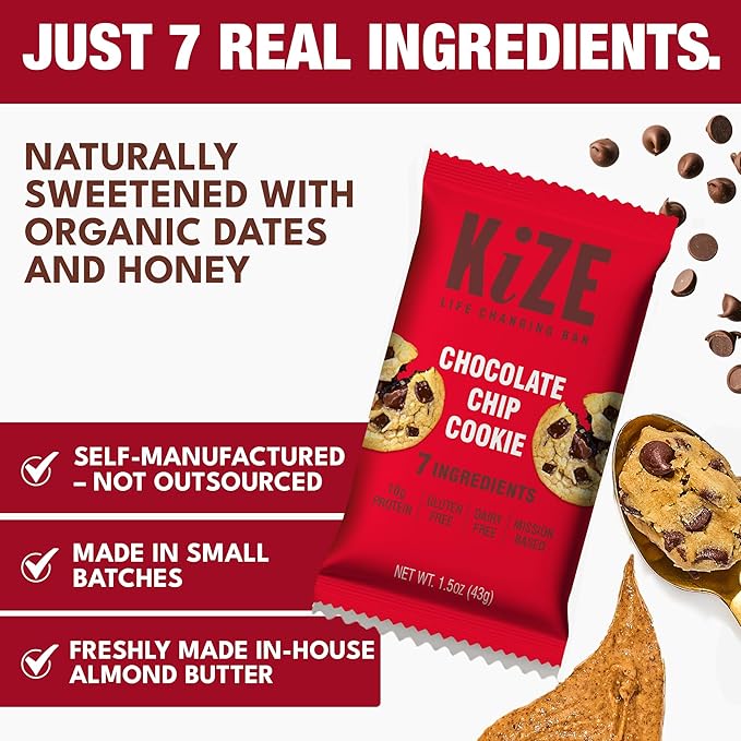 KiZE Energy Bars - Chocolate Chip Cookie - Almond Butter-Based Gluten Free Dairy Free NON-GMO - 10g High Protein Snacks High Protein Meal Replacement Energy Bars Clean and Simple Food (10 Count)