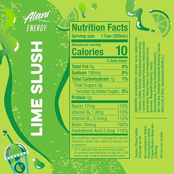 Alani Lime Slush Sugar Free Low Calorie Energy Drinks 12 Fl Oz Cans 4 Cans!