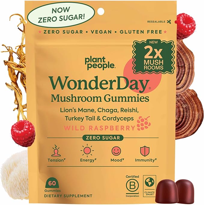 WonderDay Extra Strength Mushroom Gummies – Sugar Free Lion’s Mane Cordyceps Reishi &amp Chaga Supplement for Adults – Mood Boost Energy Focus Immune Support &amp Gut Health – Vegan Non-GMO (6