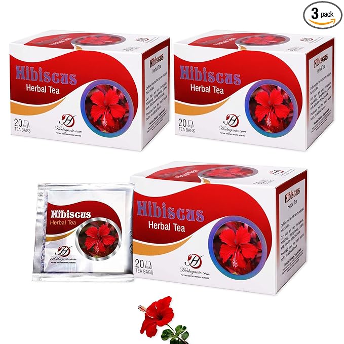 HERBOGANIC Hibiscus Herbal Tea - Digestion and Immune Support | Refreshing and Delicious Blend | Natural Ingredients | 60 Tea Bags