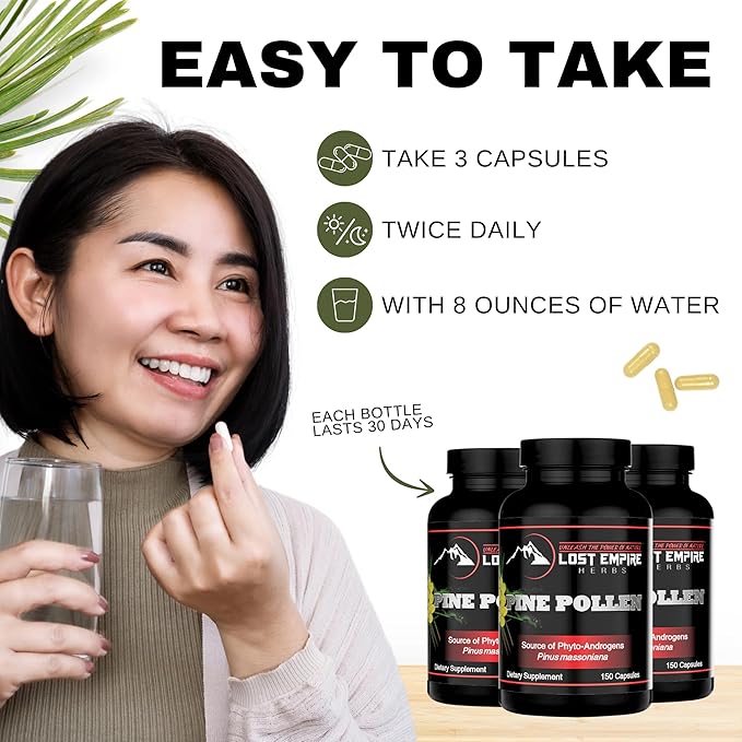 Pine Pollen Capsules - Non-Irradiated Wild Harvested Cell Wall Cracked Powder - Supplement Great for Men and Women for Energy Vitality and Immunity (150 Capsules)