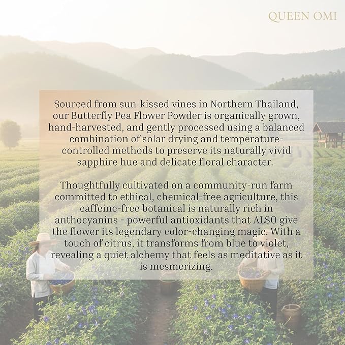 Queen Omi Organic Butterfly Pea Flower Tea Powder| Herbal Tea | Natural Food Coloring | Caffeine Free Tea | Plant Based Superfood | Blue Matcha | Color Changing Magic | Sun Dried in Thailand | 80g