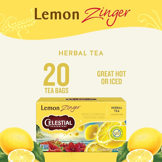 Celestial Seasonings Lemon Zinger Herbal Tea Caffeine Free 20 Tea Bags Box 6-Pack