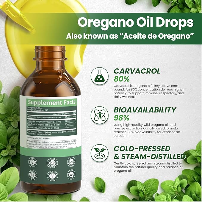 Oil of Oregano Drops with Black Seed Oil Turmeric Oil Vitamin E &amp Olive Oil Based Immune Digestive Cleanse &amp Detox* 80% Carvacrol Cold-Pressed Natural Aceite de Oregano 2 Fl Oz 8 Month S