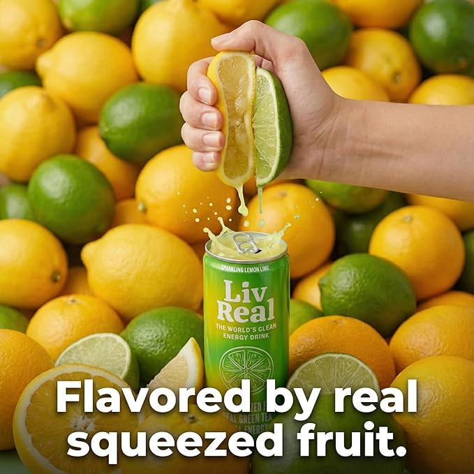 LivReal Clean Energy Drink – Organic Green Tea Caffeine 125mg + L-Theanine 100mg – Real Fruit No Sweeteners or Flavorings – Vitamin C &amp B Complex – Sparkling Lemon Lime Water 12 Pack 12 fl oz