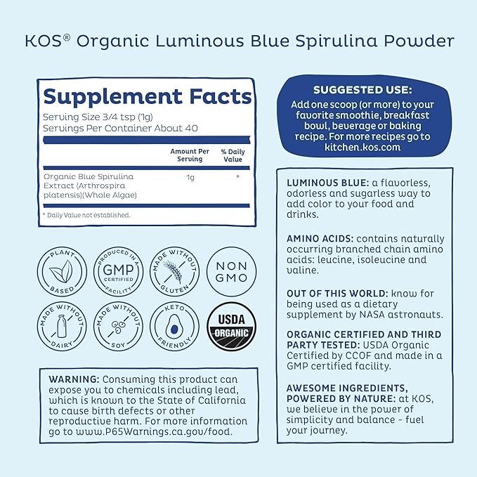 KOS USDA Organic Blue Spirulina Powder Phycocyanin - Vegan Algae Superfood - Natural Food Coloring for Smoothies &amp Protein Drinks Plant Based Non GMO - 27 Servings
