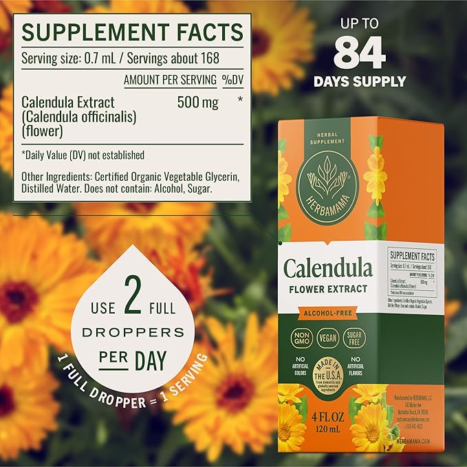HERBAMAMA Calendula Tincture - Vegan Antioxidant &amp Detox Support with Calendula Herb Extract Drops - Non-GMO Alcohol &amp Sugar-Free Liquid Supplement 84-Day Supply