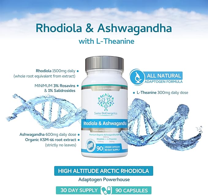 Rhodiola &amp Ashwagandha with L-Theanine - Award Winning Ashwagandha KSM-66 600mg &amp 1500mg Rhodiola (3% Rosavins - 1% Salidrosides) whole root equivalent- adaptogen combo- No artificial fillers