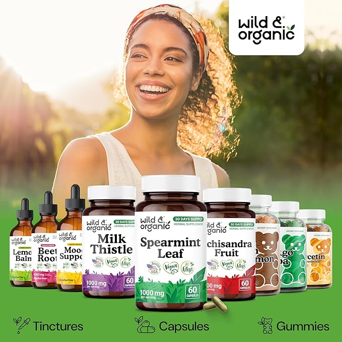 Wild &amp Organic Spearmint Capsules - 1000 mg Spearmint Supplement for Digestive Support - 30 Days of Supply - 60 Leaves Extract Capsules - Vegan Non-GMO Gluten-Free No Fillers