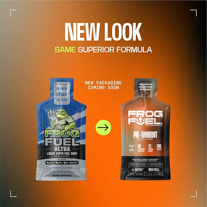 Frog Fuel Ultra Energy Gel &amp Pre Workout Shot with 1500mg Beta Alanine Electrolytes 8g Protein Nano-Hydrolyzed Grass Fed Collagen 10g Carbs Gluten Free Fat Free Berry 1.2 oz Packets 24 Pack