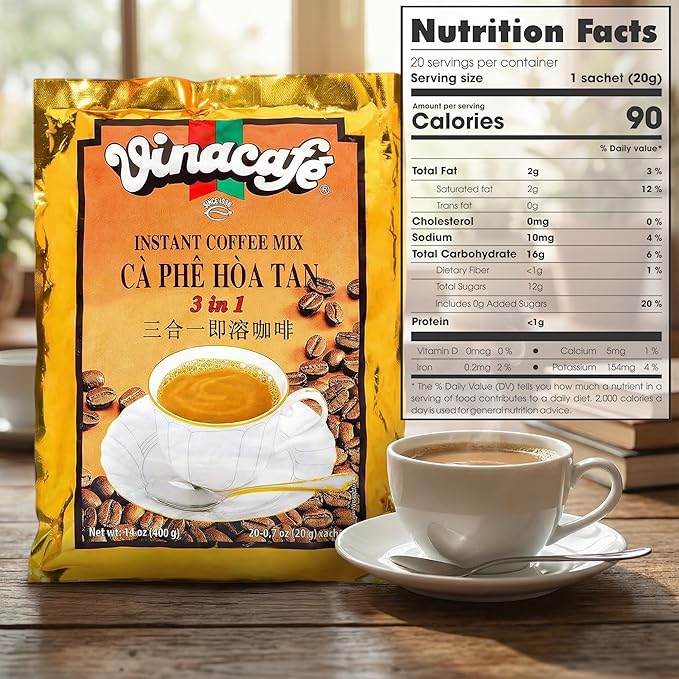 Vinacafe 400 Cts Vietnamese Instant Coffee Mix 3 in 1 Single Serves (Pack of 20 | 20 Sachets Per Bag) Balanced Medium Roast Coffee Mix for Quick Preparation at Home Office or Travel Single Serve Sac