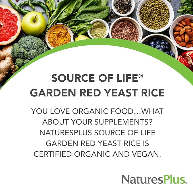 NaturesPlus Source of Life Garden Red Yeast Rice - 60 Capsules - Nutritional and Digestive Support - USDA Certified Organic Non-GMO Vegan Gluten Free - 60 Servings