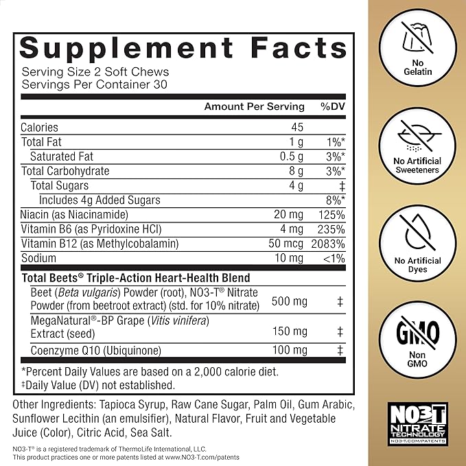 Force Factor Total Beets Ultimate Heart Health Chews for Blood Pressure Supportwith Beetroot PowderCoQ10B Vitamins &amp Grapeseed Extract for Blood Flow &amp EnergyBlack Cherry60 Soft Chews(Pa