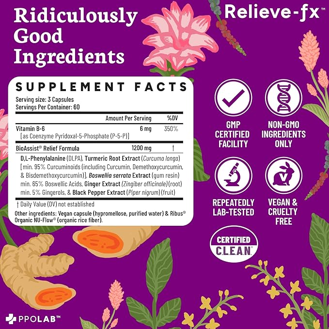 PPO Lab® Relieve-fx™ DLPA Boswellia Turmeric Ginger Supplement for Inflammation Health Heart Gut Cramps Joint Stress Relief Factors as Curcumin Boswellic Acid Black Pepper Extract 180 Capsules