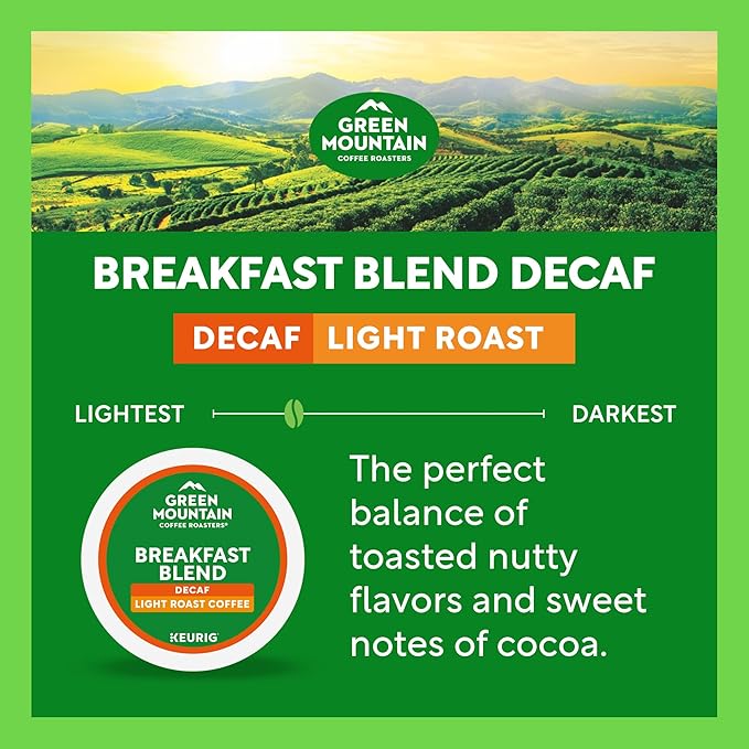 Green Mountain Coffee Roasters Breakfast Blend Decaf Coffee Keurig Single Serve K-Cup pods Light Roast 96 Count