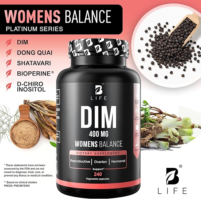 DIM Supplement 400 mg with Myo &amp D-Chiro Inositol Dong Quai – Hormone Balance for Women – Fertility Supplements – Inositol Supplement - 240 Caps