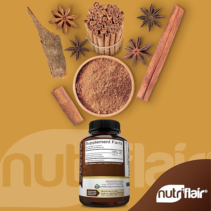 NutriFlair Organic Ceylon Cinnamon Supplement 1200mg 120 Capsules - USDA Certified - Non-GMO Gluten Free Powder Antioxidant Pills
