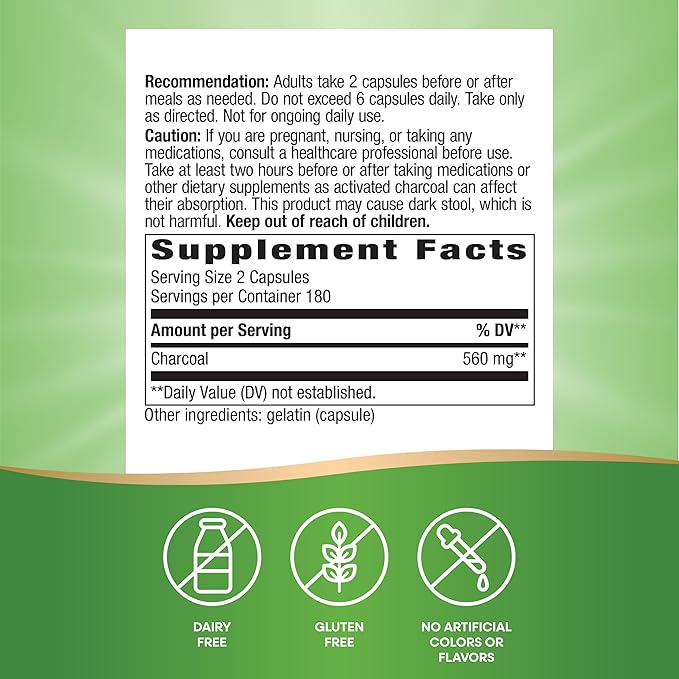 Nature's Way Activated Charcoal Binds Unwanted Materials and Gas in the Digestive Tract* 560 mg per 2-Capsule Serving 360 Capsules (Packaging May Vary)