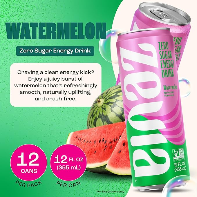 Zevia Zero Sugar Energy Drink Watermelon 12 oz Cans (12-Pack) – Naturally Sweetened Non-GMO Project Verified Gluten-Free Vegan