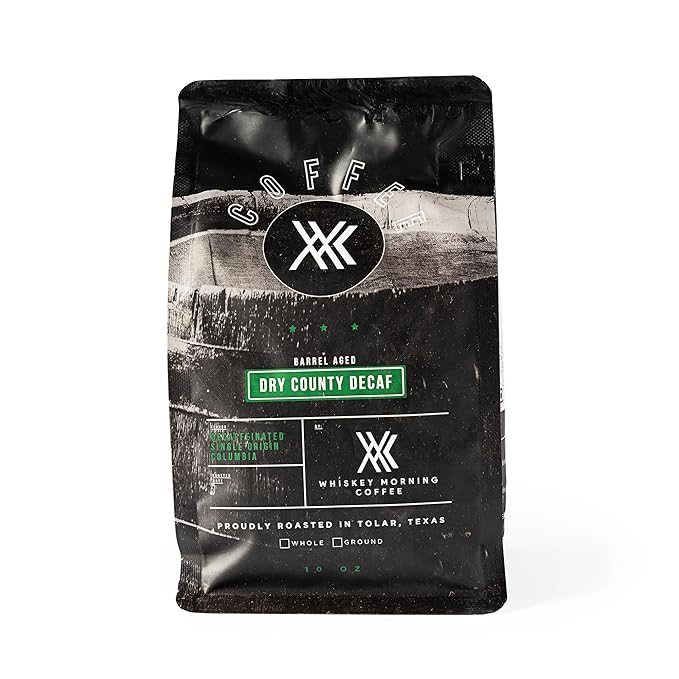 Whiskey Morning Coffee Bourbon Barrel Aged Whiskey Decaf Ground Coffee Medium Roast 100% Arabica Specialty Grade Non-Alcoholic Whiskey Infused Small Batch Texas Roasted 10 oz Bag