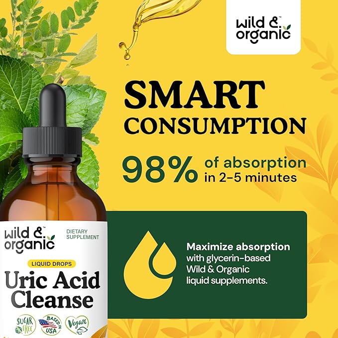 Wild &amp Organic Uric Acid Cleanse Liquid Drops - Tart Cherry Turmeric Celery Chanca Piedra Dandelion Root Extract Complex - Uric Acid Supplement - Vegan Sugar &amp Alcohol-Free Tincture - 4 f